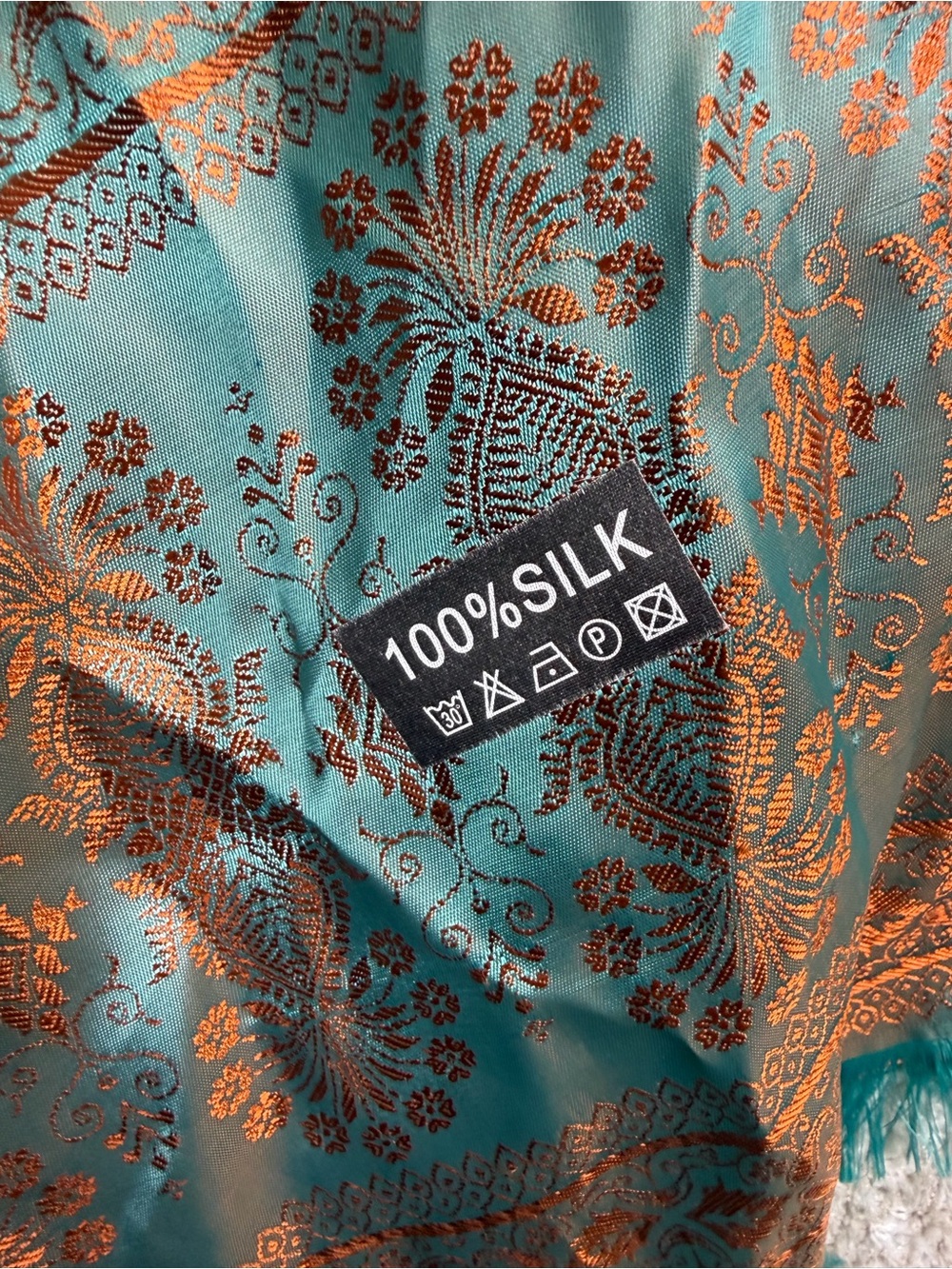 100% Silk Teal and Copper Paisley Fringe Scarf - Picture 2 of 2